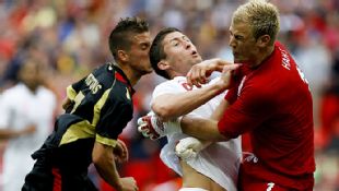 Gary Cahill collides with goalkeeper Joe Hart at Wembley